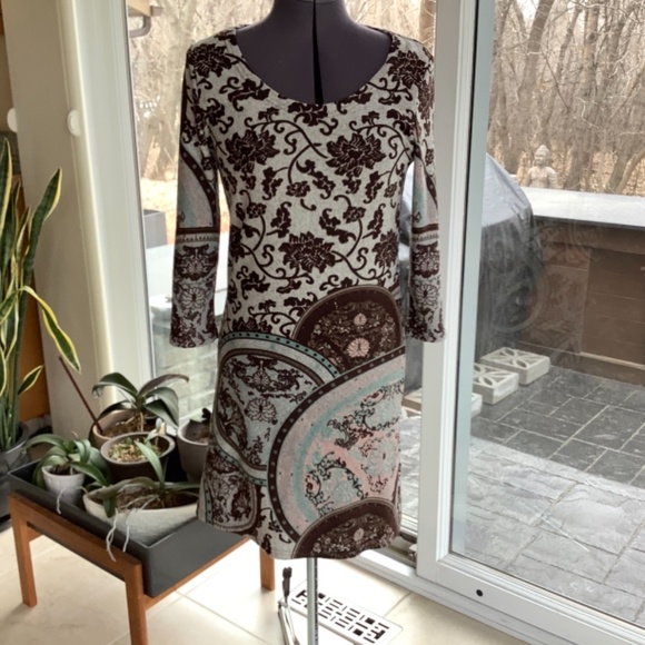 Papillon jersey knit 3/4 sleeve, multi coloured print dress size M - Picture 7 of 7